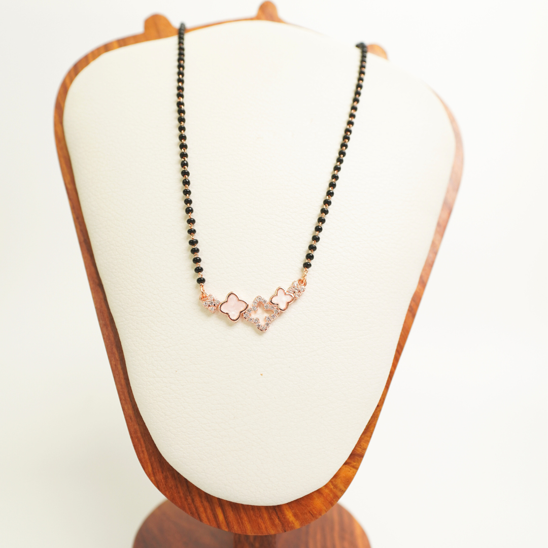 Clover design rose gold plated mangalsutra with CZ stones and black bead chain, anti-tarnish stainless steel
