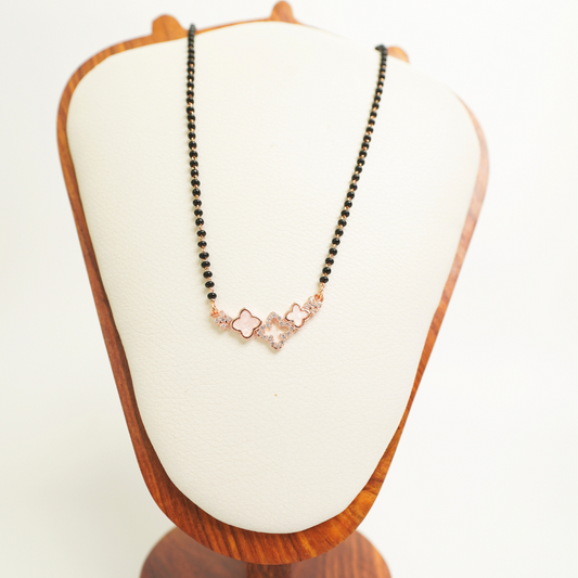 Clover design rose gold plated mangalsutra with CZ stones and black bead chain, anti-tarnish stainless steel
