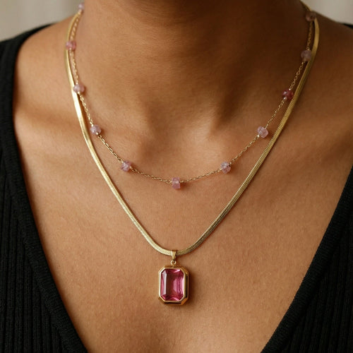 Pink Gemstone Layered Necklace – 18K gold-plated stainless steel layered necklace