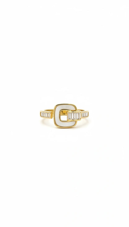 White Enamel Baguette Ring-Adjustable