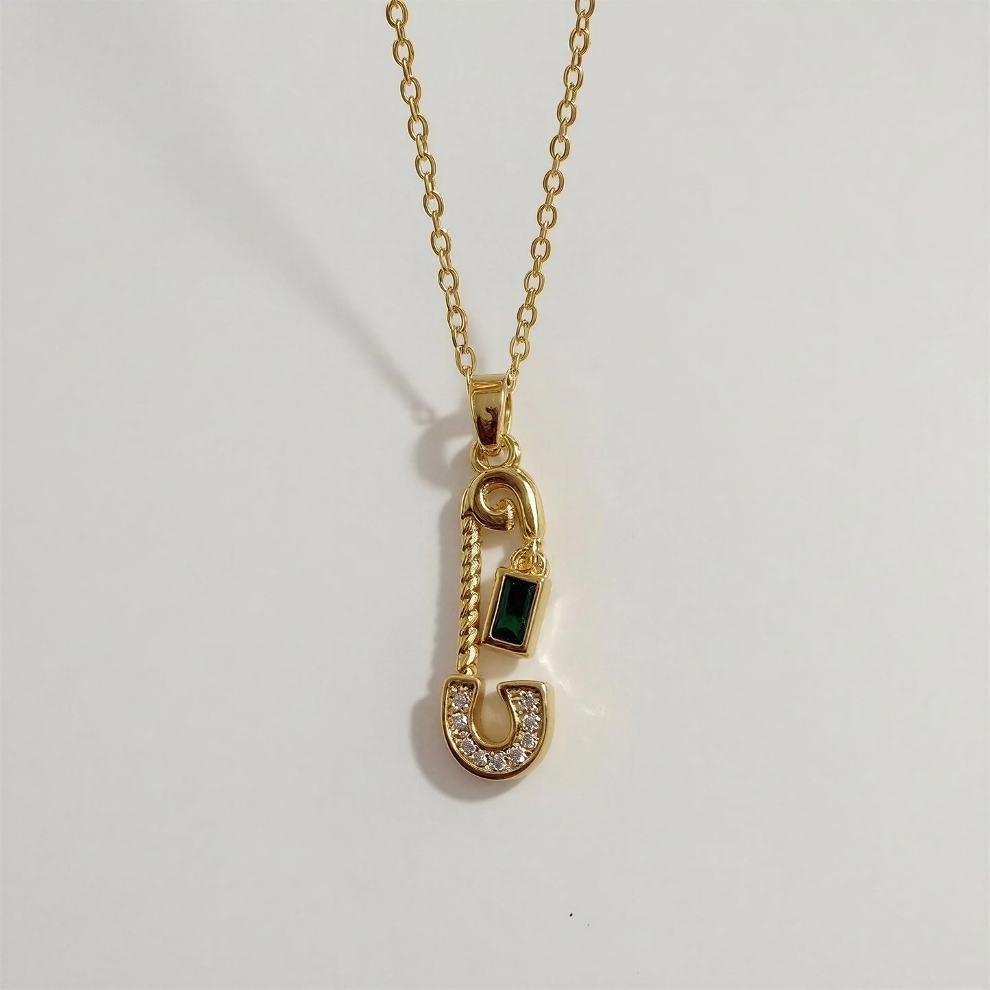 Ziva Emerald Safety Pin Necklace