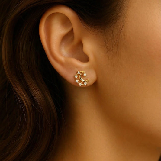 Celestial Moon Ball Back Stud Earrings