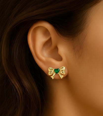 Emerald Bow Heart Stud Earrings