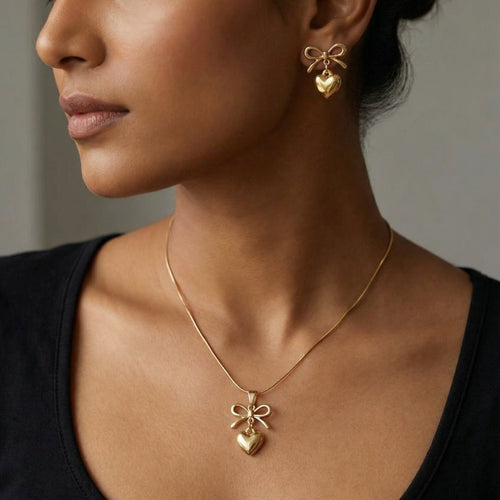 Bow Heart Charm Necklace & Earrings Set – 18K gold-plated stainless steel jewellery set