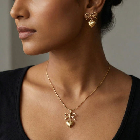 Bow Heart Charm Necklace & Earrings Set
