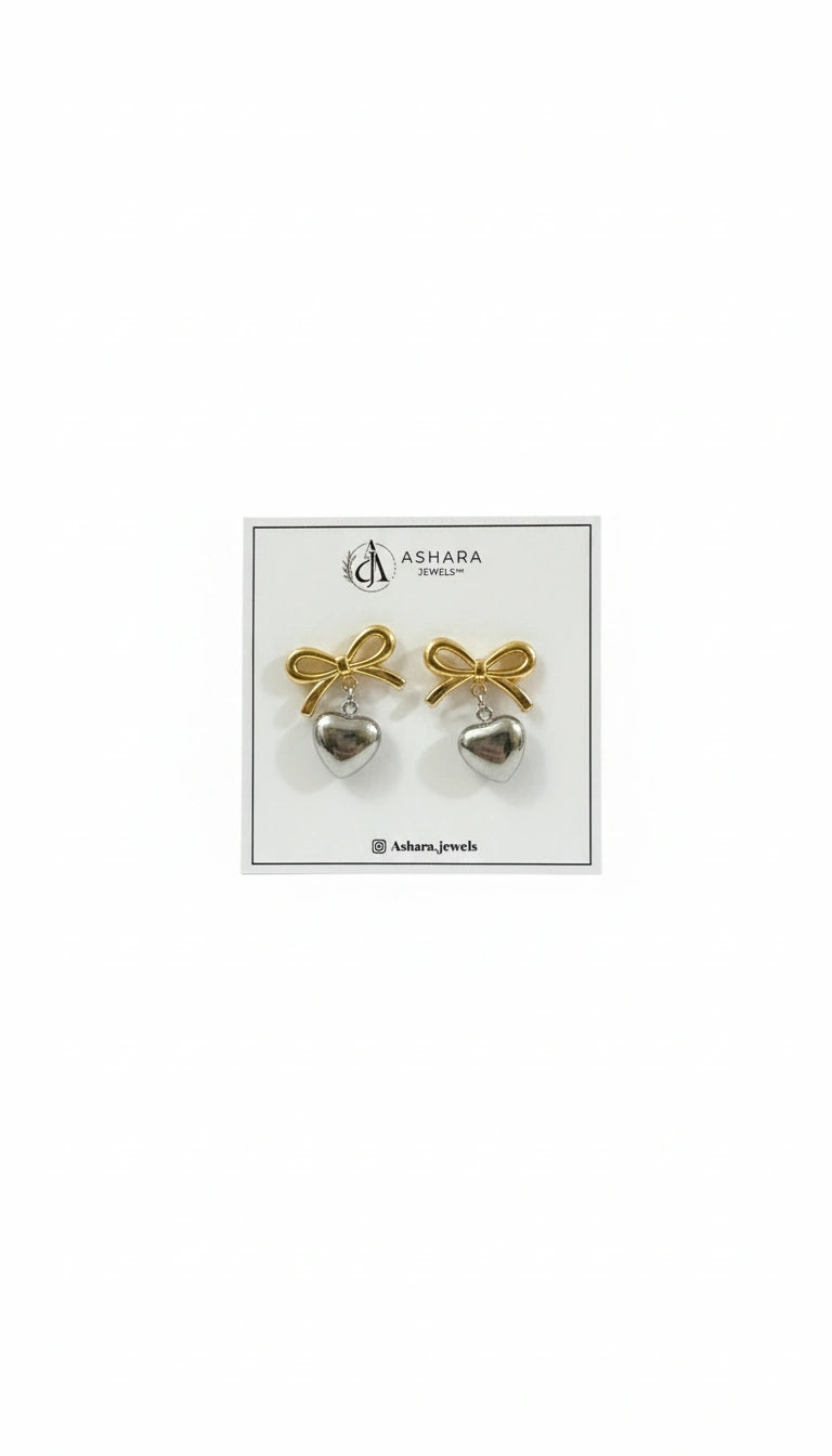 Bow Charm Heart Drop Earrings – Dual Tone