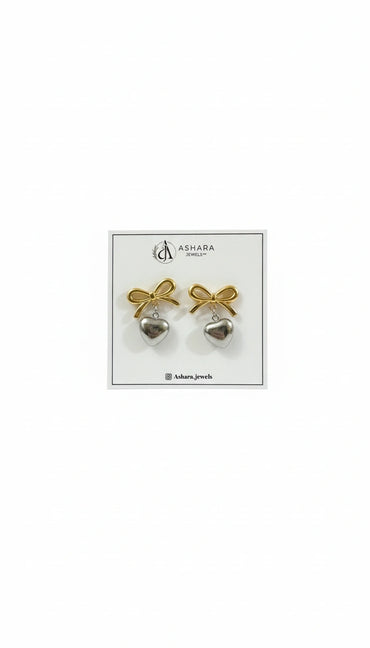 Bow Charm Heart Drop Earrings – Dual Tone