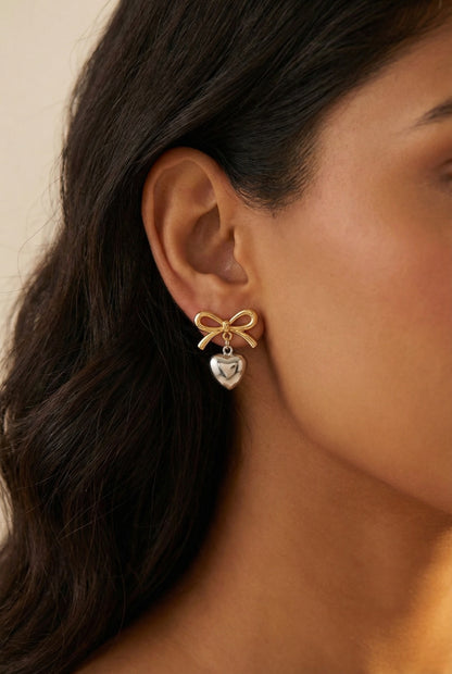 Bow Charm Heart Drop Earrings – Dual Tone