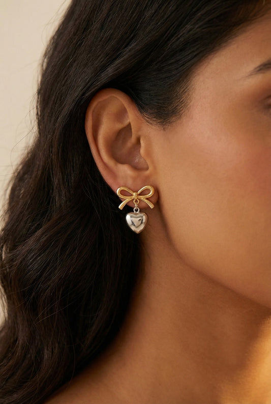 Bow Charm Heart Drop Earrings – Dual Tone
