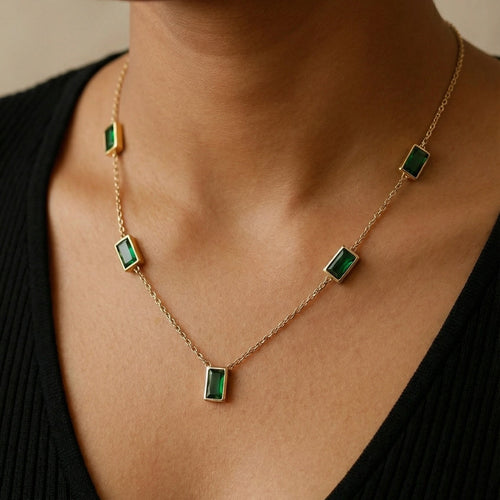 Emerald Rectangle Station Necklace – 18K gold-plated stainless steel station necklace
