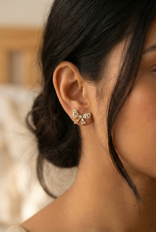Celeste Bow Crystal Studs – 18K gold-plated stainless steel stud earrings