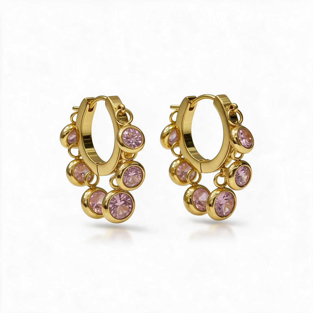 Rosé Charm Gold Hoop Earrings – 18K gold plated mini hoops with blush-pink crystal charms