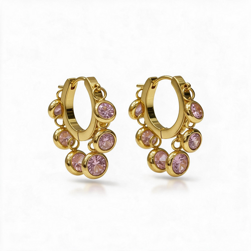 Rosé Charm Gold Hoop Earrings – 18K gold plated mini hoops with blush-pink crystal charms