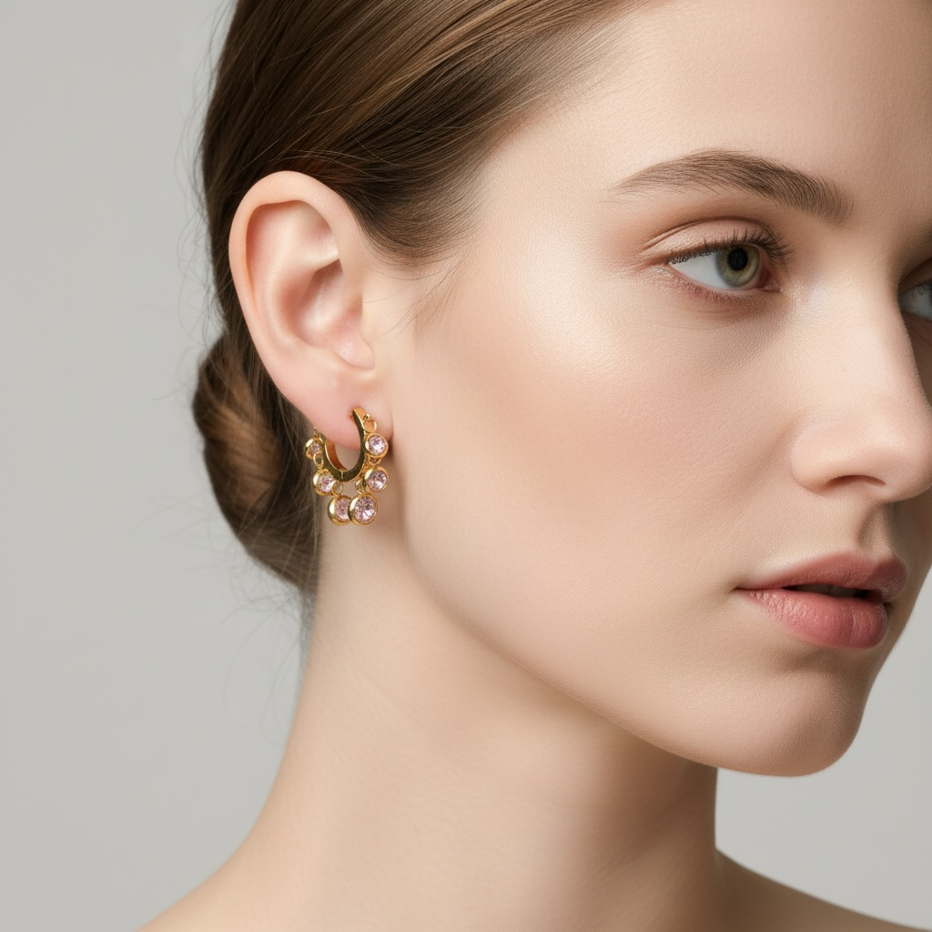 Rosé Charm Gold Hoop Earrings – 18K gold plated, view 3