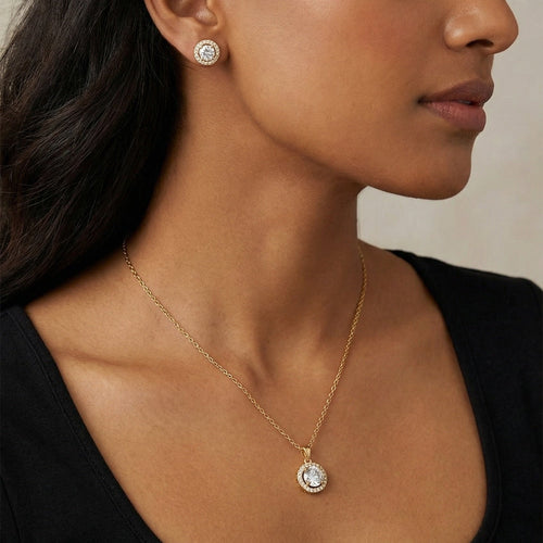 Classic Halo Solitaire Necklace & Earring Set – 18K gold-plated stainless steel jewellery set
