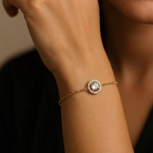 Classic Halo Solitaire Bracelet – 18K gold-plated stainless steel bracelet