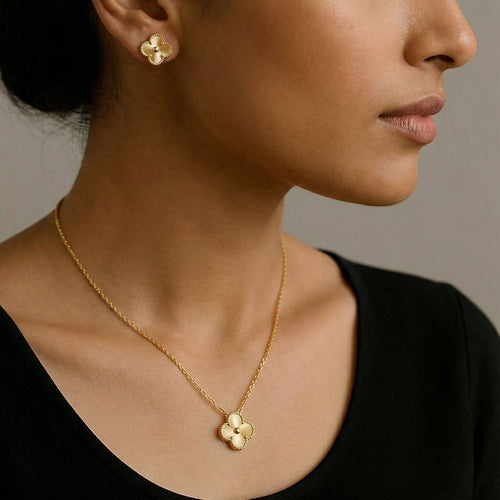 Floral Pendant Necklace with Matching Stud Earrings – gold-plated stainless steel jewellery set