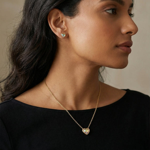 Aurora Heart Pendant Necklace & Stud Earrings Set