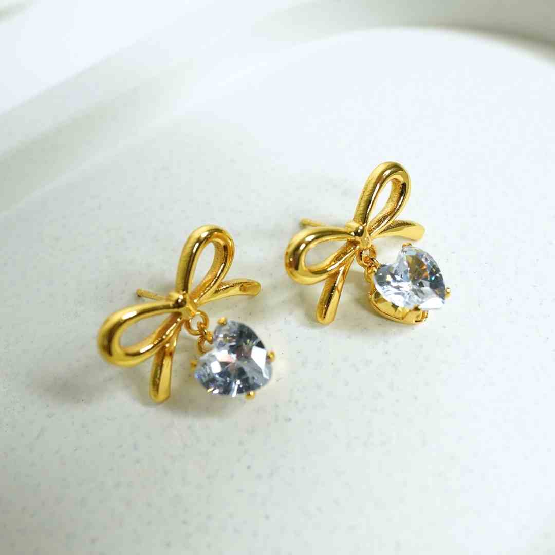 Golden Bow Solitaire Drop Earrings