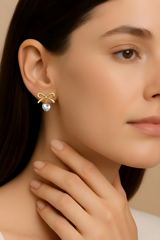 Golden Bow Solitaire Drop Earrings