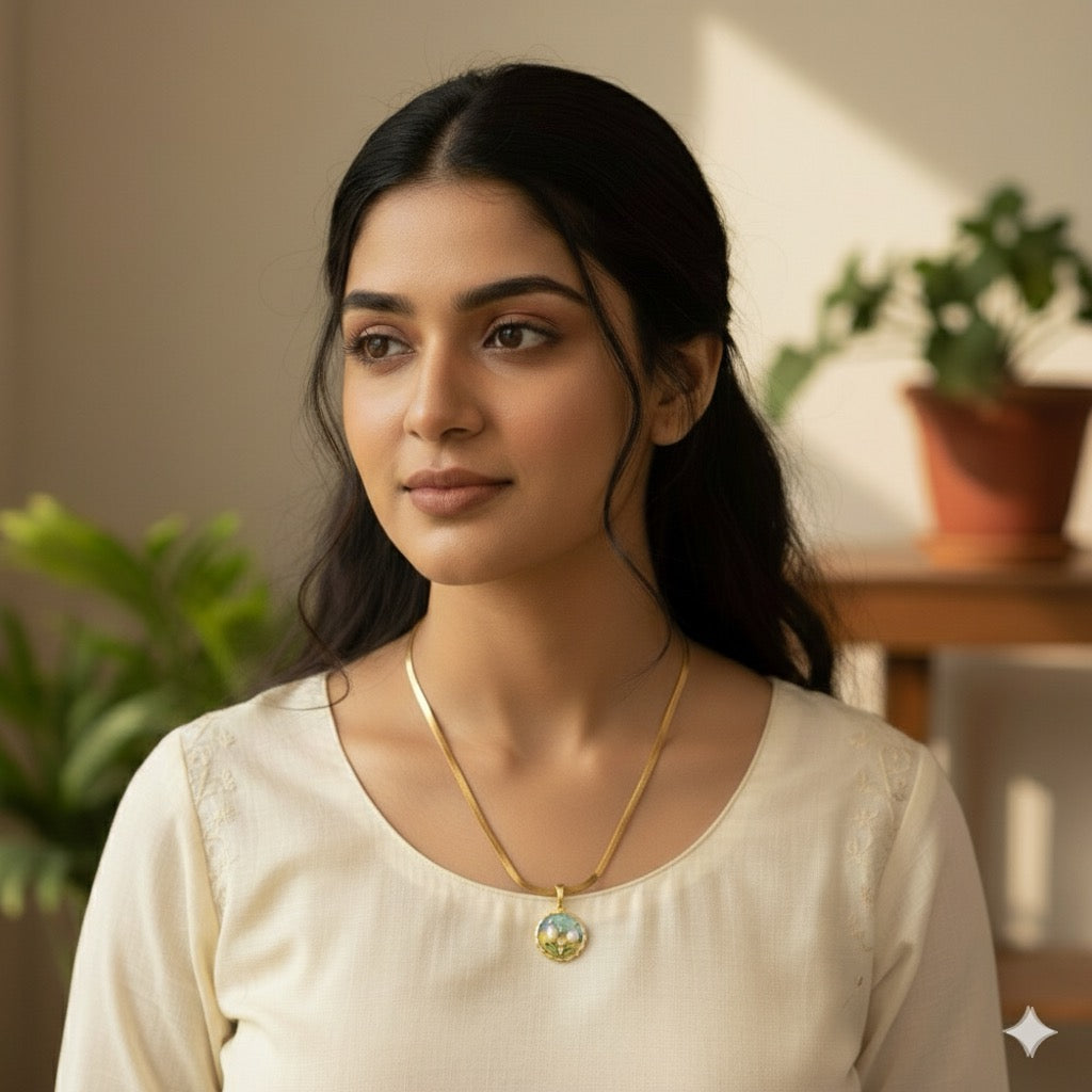 DewDrop Dance Pendant Necklace – Enamel Art Gold-Plated Chain | Ashara Jewels