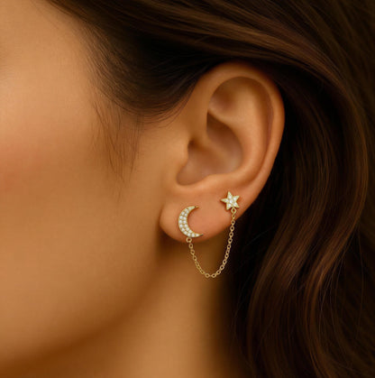 Moon & Star Dual Stud Chain Ball Back Earrings