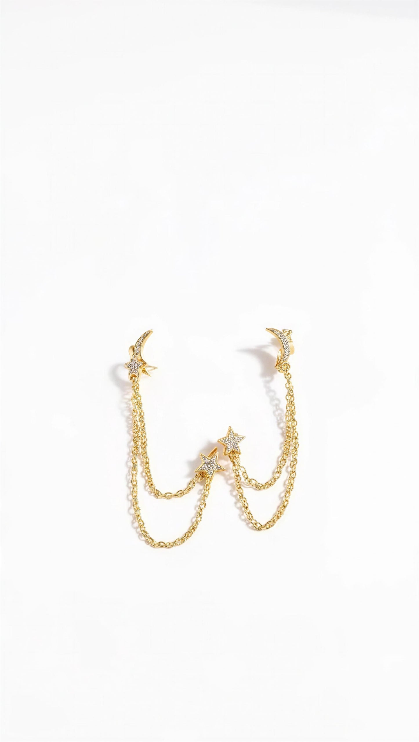 Moon & Star Dual Stud Chain Ball Back Earrings