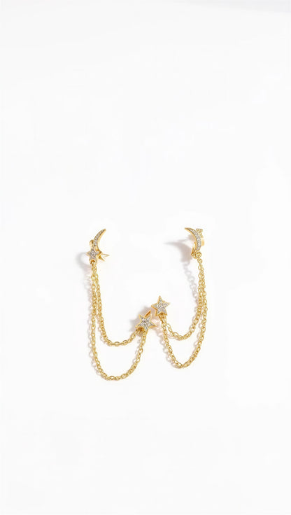 Moon & Star Dual Stud Chain Ball Back Earrings