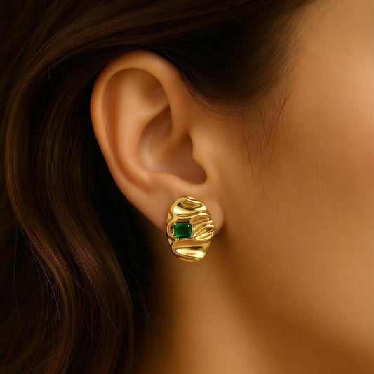 Emerald Sculpt Gold Stud Earrings