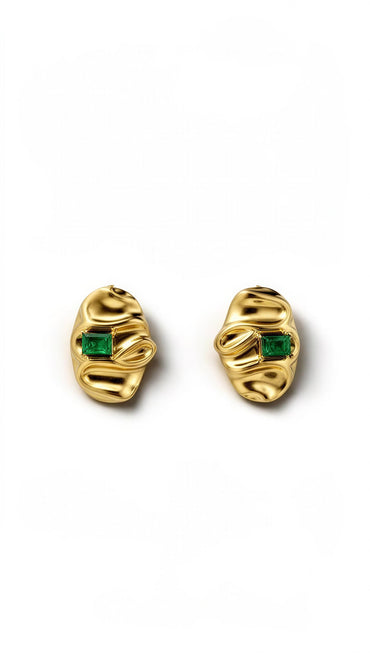 Emerald Sculpt Gold Stud Earrings