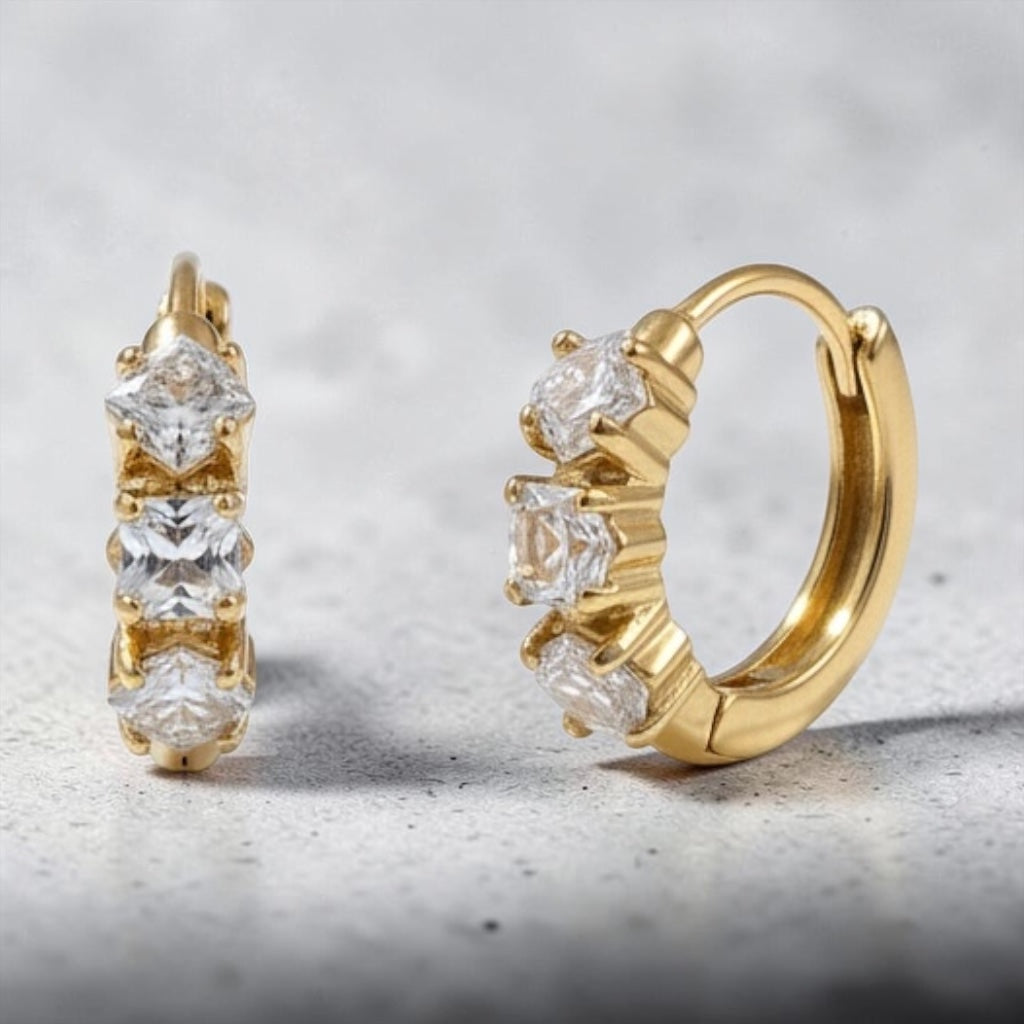 Triple Solitaire Huggie Earrings