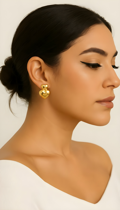 Double Heart Gold Stud Earrings